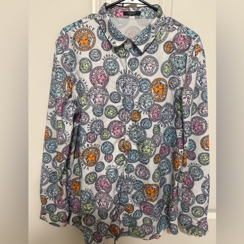 Men’s Large Colorful Face Print Button-Up Shirt | Long Sleeve Statement Top